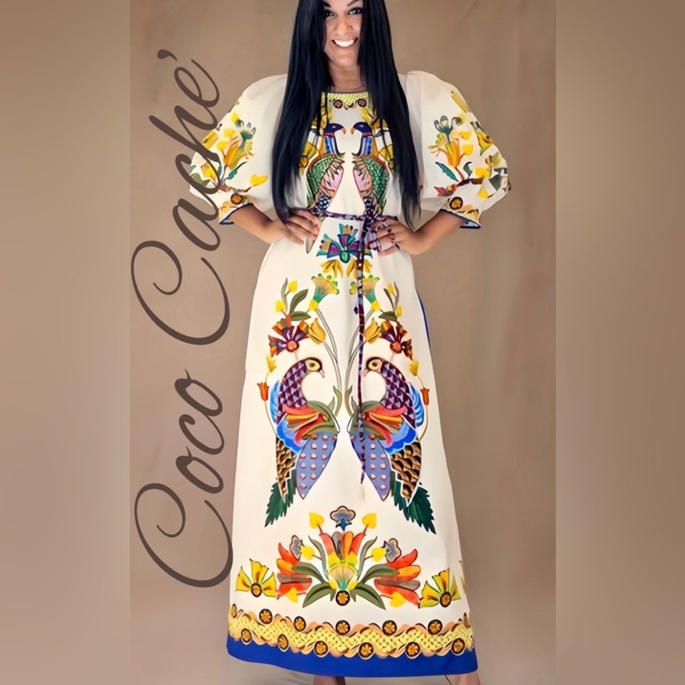 Elegant Bohemian Bird Floral Print Midi Dress